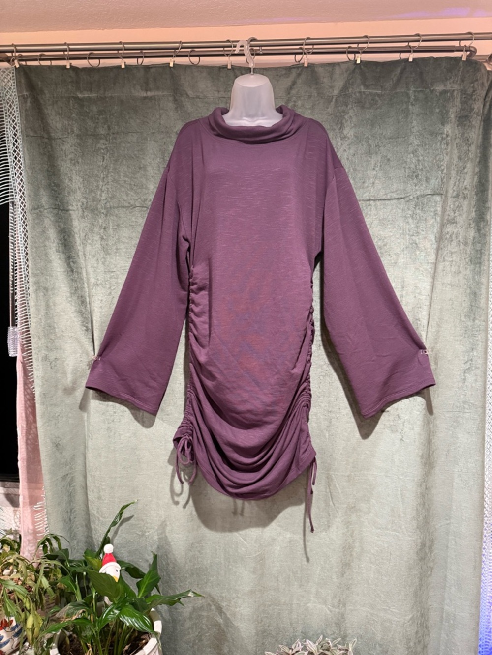 Anthropologie Mauve Drawstring Ruched Tunic with Cowl Neck